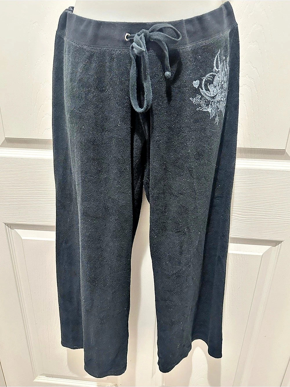 Vintage Juicy Couture Black Terry Love Graphic Track Pants Y2K Large USA RARE